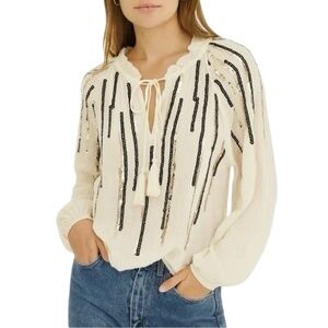 New Free The Roses Sequin Striped Tassel Tie Peasant Top Ivory Black Gold Medium